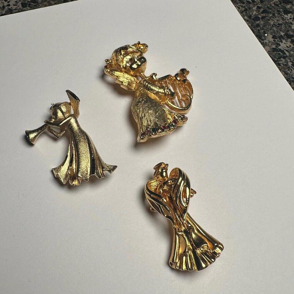 Gold Tone Angel Brooch Pin Lot Of 3 Great For Christmas Holiday
